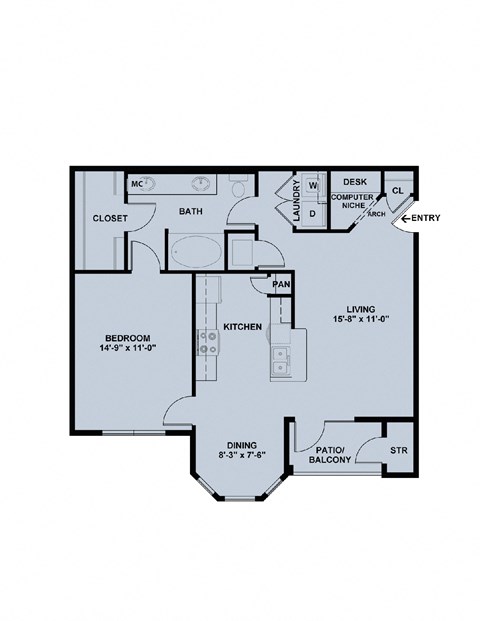 Floor plan for 1 bed, 1 bath, 841 sqft